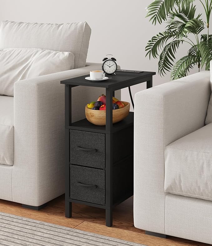 Narrow Side Table for Small Spaces, Skinny End Table with Charging Station, Sofa Beside Table with 2 Fabric Drawers and 1 Open Compartment, Slim Nightstand with USB Ports Outlet, Black UTBT004B