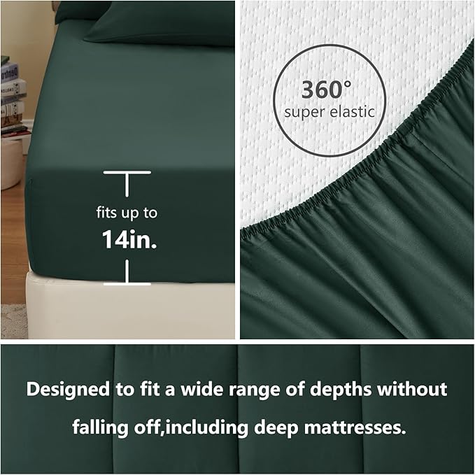 CozyLux Full Size Comforter Sets Forest Green, 7 Pieces Bed in a Bag, Green Comforter Full Size, All Season Bedding Sets with Stitch Quilted Comforter, Flat Sheet, Fitted Sheet, Pillowcases