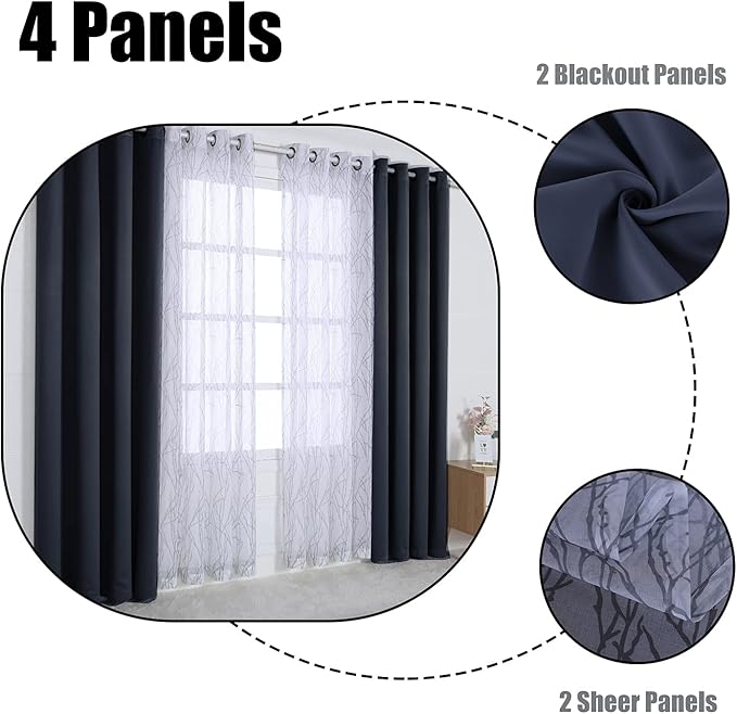 BONZER Mix and Match Curtains - 2 Pieces Branch Print Sheer Curtains and 2 Pieces Blackout Curtains for Bedroom Living Room Grommet Window Drapes, 54x95 Inch/Panel, Grey Dark, Set of 4 Panels