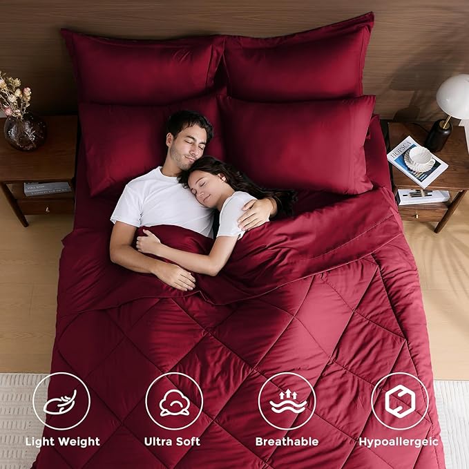 HEVUMYI Red Full Comforter Set - 7-Piece All Season Bed in a Bag Full, Ultra Soft Bedding Set with Comforter, Flat Sheet, Fitted Sheet, Pillowcases, Pillow Shams