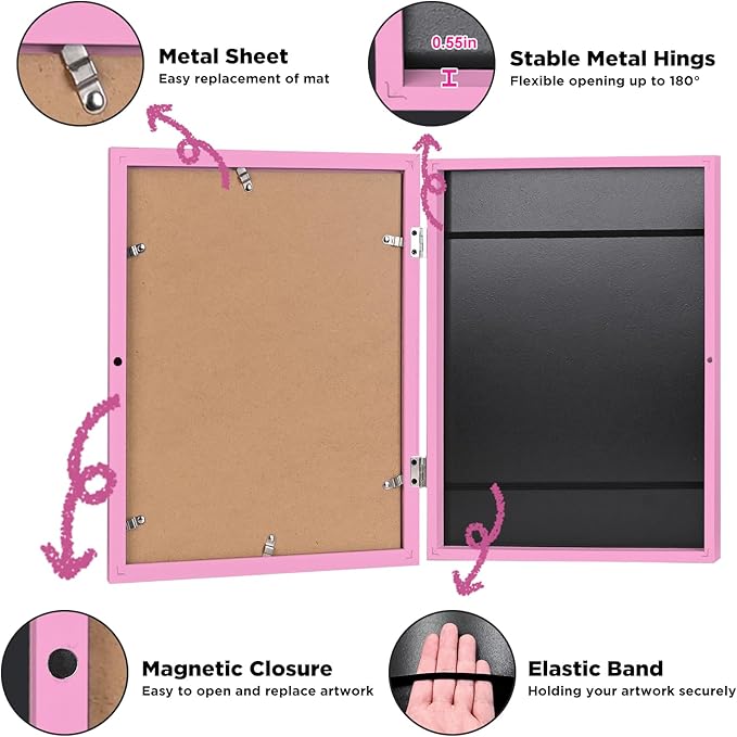 KINLINK A4 Kids Art Frames Set of 2, Solid Wood Kids Artwork Frames Changeable with Acrylic Front Opening Holds 150 Pictures, Art Frame for Kids Artwork with Mat or without Mat, Pink