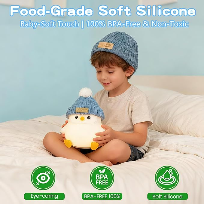 Penguin Lamp with Knit Hat,Kawaii Penguin Night Light,Food Grade Silicone,Dimmable Nursery Nightlight,LED Squishy Novelty Animal Lamp,Kids Room Decor,Funny Gifts for Kids Boys Girls Baby