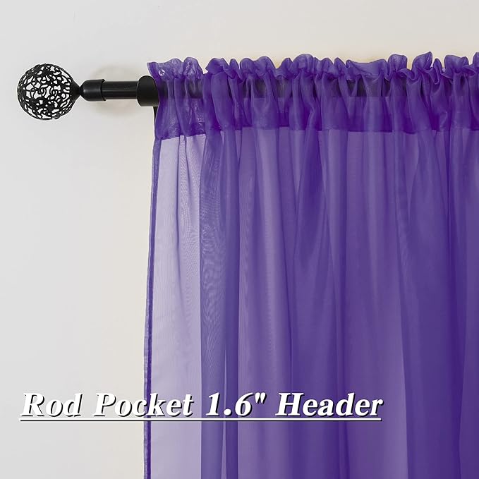 HUTO Dark Purple Sheer Curtains 72 Inches Long for Girls Room Rod Pocket Window Sheer Drapes for Kids Bedroom Living Room Classroom 2 Panels 52 by 72 Inch Length