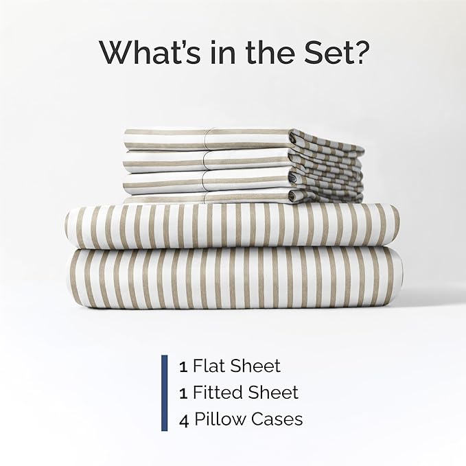 King Sheets Set 6 Piece - Includes 4 Pillowcases - Bed Sheets King Size - Soft Hotel Luxury Bedding - Cooling, Comfy & Breathable - 1 Flat & 1 Fitted & 4 Pillowcases w/ Deep Pockets - Beige Stripes
