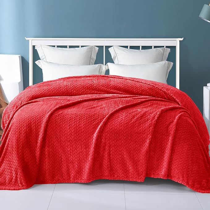 Exclusivo Mezcla Fleece King Size Blanket for Bed, 90x104 Inches Soft Cozy Jacquard Flannel Blankets, Lightweight Fuzzy Plush Warm for Winter, Red