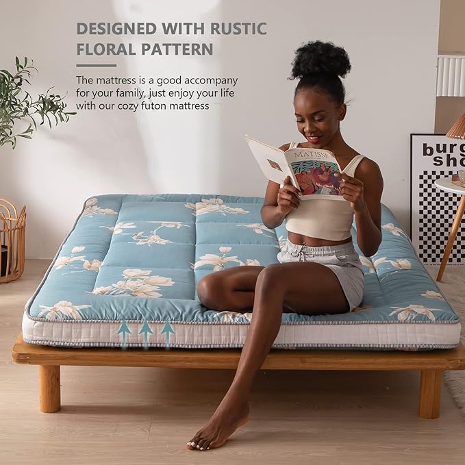 MAXYOYO Floral Printed Futon Mattress, Japanese Floor Mattress Quilted Bed Mattress, Extra Thick Folding Sleeping Pad Breathable Floor Lounger Guest Bed for Camping, Twin Size