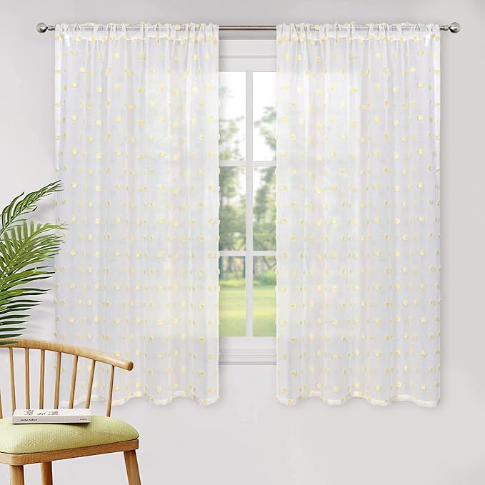 MYSKY HOME Short Curtains for Small Window - 45 Inch Long Pom Pom Sheer Curtains for Bedroom, Living Room, Kitchen, Nursery - Yellow Cafe Panels with Rod Pocket - 2 Sets Voile - 52 x 45 in