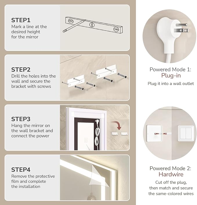 USHOWER LED Bathroom Mirror 24x36 Inch with Lights - Frameless Tempered Glass LED Backlit Lighted Mirror for Bathroom Vanity with Anti-Fog, 3 Colors Dimmable, Memory Function, Wall-Mounted