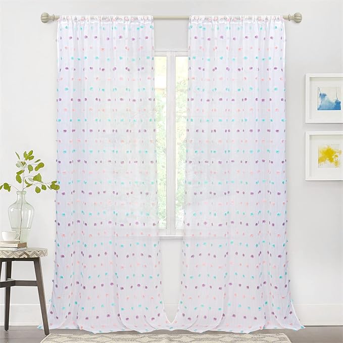 MYSKY HOME Large Curtains Rainbow Pom Pom White Sheer Curtains for Living Room Colorful White Sheer Curtains Sliding Door 108 Inch Long Light Filtering Rod Pocket Window Panels 52 x 108 inch 2 Pieces
