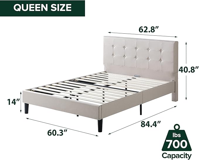 ZINUS Ibidun Upholstered Platform Bed Frame, Mattress Foundation, Wood Slat Support, No Box Spring Needed, Eco Friendly WonderBox (TM), Easy Assembly, Soft Beige, Queen
