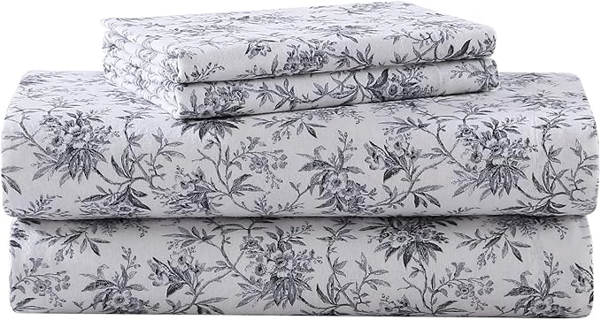 Laura Ashley - Flannel Sheets Queen Size, Anti-Pilling & Wrinkle Resistant Cotton, Touchably Soft for All-Season Comfort - Bed Sheets with Matching Pillowcases & Fitted Sheet (Faye Toile Black)