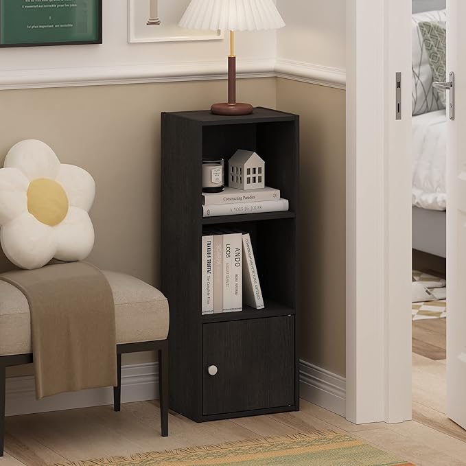 Furinno LUDER Book Shelf, 3-Tier Modern Bookshelf, Bookcase with 1 Door Storage Cabinet, 9.3" x 12" x 31.5", for Living Room, Bedroom, Home Office, Blackwood