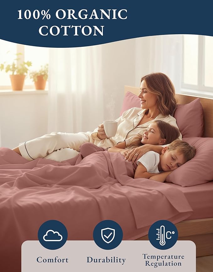 LANE LINEN 100% Organic Cotton Queen Sheets, Eco Friendly Mercerized Cotton Fully Elasticized Bedding Sheets & Pillowcase Set, Low Pill Fade Resistant Naturally Cooling Bedding Queen Size- Rose Dawn
