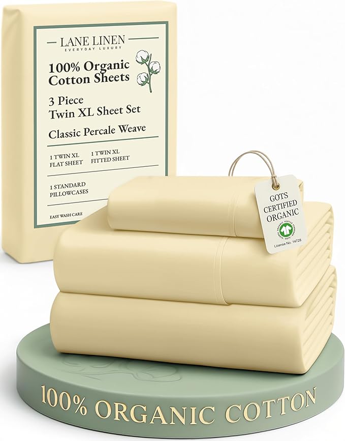 LANE LINEN 100% Organic Cotton Sustainably Produced Twin XL Bed Sheets, Mercerized Fully Elasticized Percale Perfect for Hospital Bed & Dorm Room, Reinforced Seams Twin XL Sheets-Vanilla