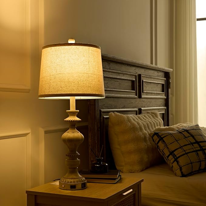 27.5" Farmhouse Table Lamps Set of 2 Bedside Nightstand Lamp with USB C+A Ports & AC Outlet, 3 Way Dimmable Touch Lamps for Bedroom Living Room Office Hallway Rustic Traditional Lamp