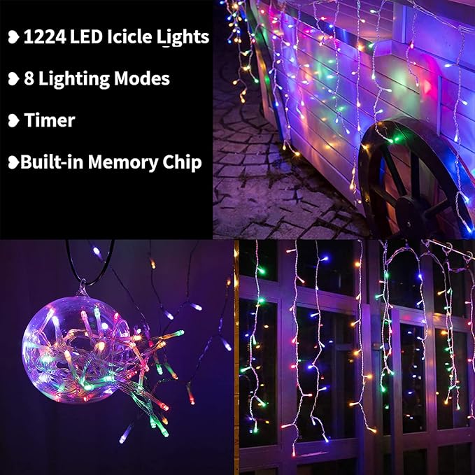 Toodour Christmas Icicle Lights Outdoor, 1224 LED 100ft 8 Modes Fairy Icicle String Light with 204 Drops, Led Christmas Lights Twinkle for Holiday, Party, Wedding, Eaves, Xmas Decorations (Multicolor)