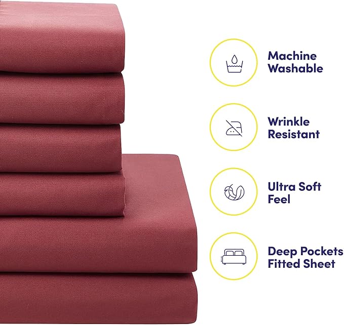 Sweet Home Collection 7 Piece Comforter Set Bag Solid Color All Season Soft Down Alternative Blanket & Luxurious Microfiber Bed Sheets, Burgundy, Twin XL (Pack of 4)