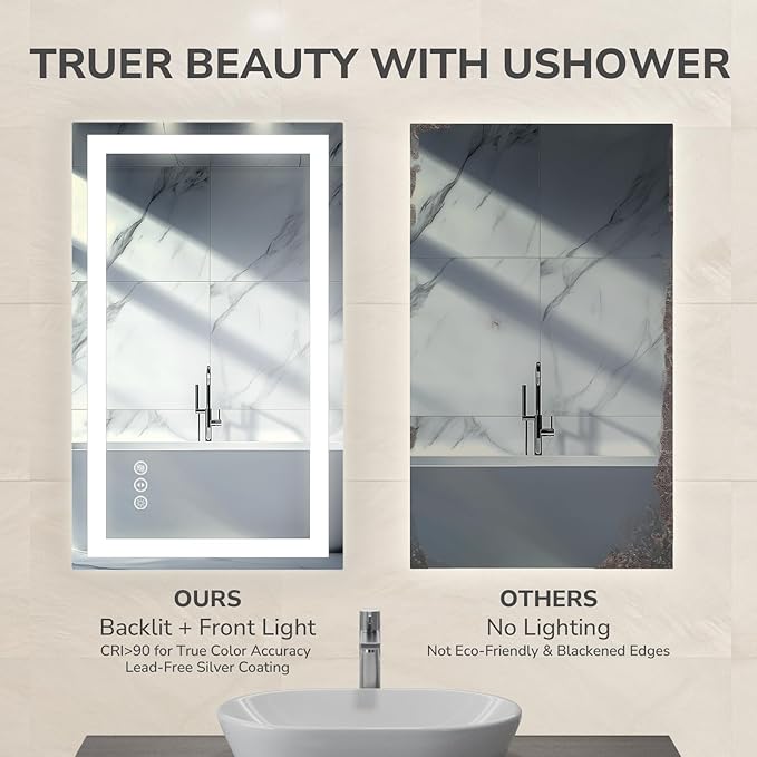 USHOWER LED Bathroom Mirror 24x36 Inch with Lights - Frameless Tempered Glass LED Backlit Lighted Mirror for Bathroom Vanity with Anti-Fog, 3 Colors Dimmable, Memory Function, Wall-Mounted