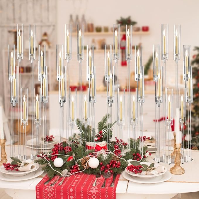 20PCS Acrylic Candelabras Centerpieces for Wedding,Clear 8 Arm Candlesticks Holder with Shade for Tall Valentines Day Party Christmas Halloween Centerpiece Event Candles,Fit 0.8" LED Candles