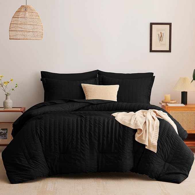 CozyLux Queen Comforter Set Black Seersucker 7 Pieces Bed in a Bag Queen Comforter Set with Sheets, Luxury Soft Bedding Set with Down Alternative Comforter, Sheets, Pillowcases & Shams for All Seasons