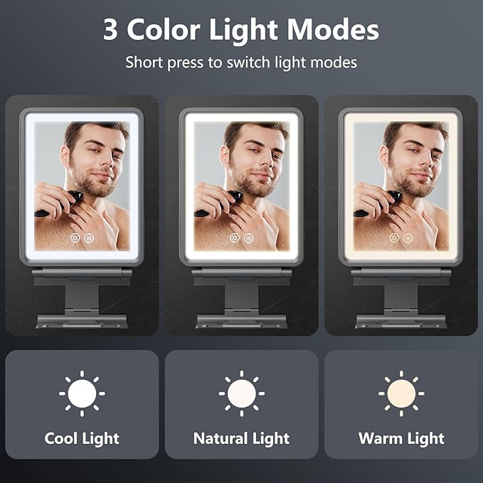 Heated Shower Mirror Fogless for Shaving, 3 Colors Stepless Dimmable Lights Fogless Mirror for Shower, Rechargeable Anti Fog Shaving Mirror with Razor Holder for Men, Light Memory Function, Gray