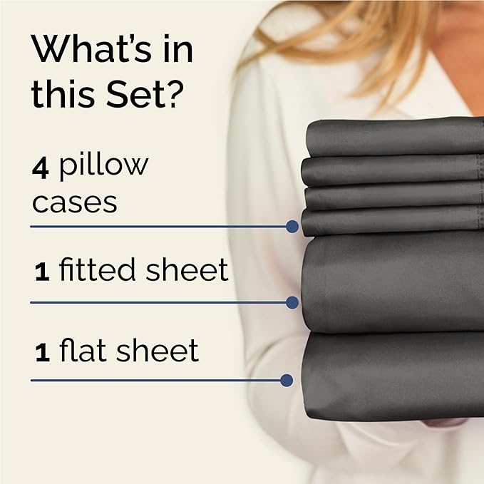 Full 6 Piece Sheet Set - Comfy Breathable & Cooling - Ultra Soft Hotel Luxury Bedding Set w/ 8-16 Inch Deep Pockets - 1 Flat & 1 Fitted Sheet & 4 Pillowcases - Wrinkle Free and Easy Care - Charcoal