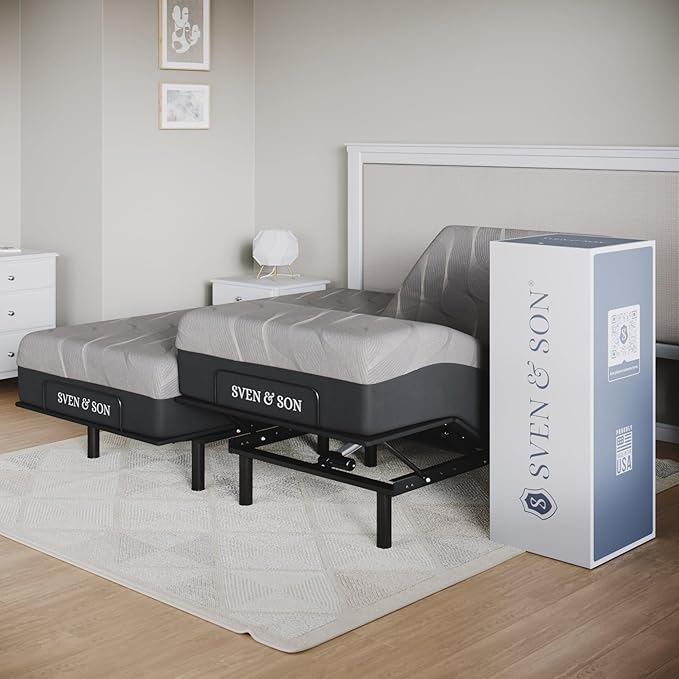 Sven and Son Essential Adjustable Bed Base (Frame) + 10 inch Memory Foam Matt (Firm), Easy Assembly, Head and Foot Lift, Memory Positions, Zero Gravity, Wireless Remote - Split King