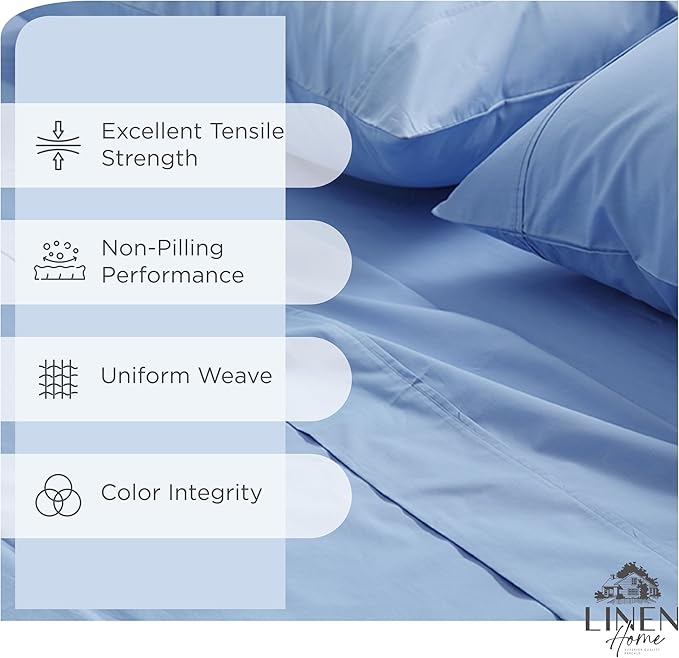 Linen Home 100% Cotton Percale Sheets Twin XL Size, Baby Blue, Deep Pocket, 3 Pieces Set - 1 Flat, 1 Deep Pocket Fitted Sheet and 1 Pillowcase, Crisp Cool and Strong Bed Linen