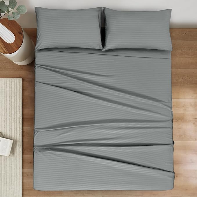 Mejoroom Striped Full Size Sheets – Extra Soft Full Size Bed Sheets - 16inches deep Pocket Full Sheet Set, Breathable, Wrinkle, Fade and Stain Resistant – 4 Piece(02-Gray)