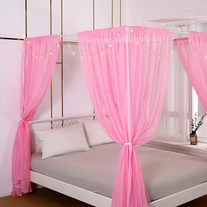Akiky Bed Canopy Panels Canopy Bed Curtains with Lights for Girls Boys Adults,Home Decoration Set of 8 Panels (Full/Queen, Pink)