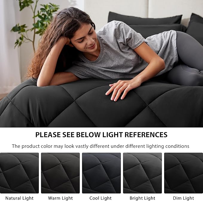 Love's cabin Full Comforter Set Black, 7 Pieces Full Bed in a Bag, All Season Full Bedding Sets with 1 Comforter, 1 Flat Sheet, 1 Fitted Sheet, 2 Pillowcase and 2 Pillow Sham