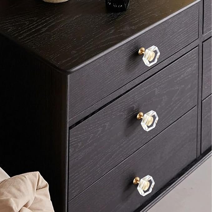 2-Pack Brass Base Crystal Drawer Knobs,Glass Crystal Gold Cabinet Knobs,1-5/16-Inch Hexagon,Kitchen Hardware Pulls, Modern Bathroom Hardware knob