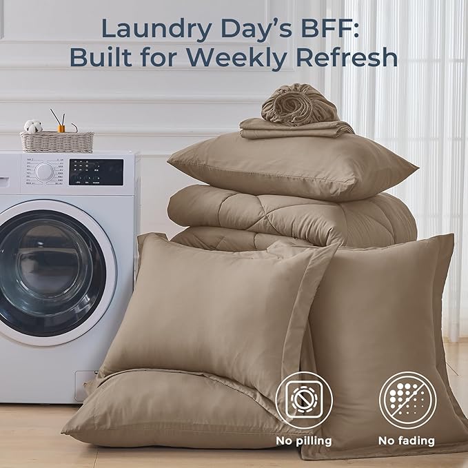 HEVUMYI Linen California King Comforter Set - 7-Piece All Season Bed in a Bag Cal King, Ultra Soft Bedding Set with Comforter, Flat Sheet, Fitted Sheet, Pillowcases, Pillow Shams