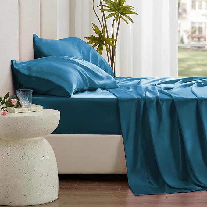 Love's cabin Satin King Sheet Sets - 4 Piece Teal Silky Sheets King Size Bed Set with Deep Pocket, Luxury Silk Feel King Size Satin Sheet Set (1 Flat Sheet,1 Fitted Sheet,2 Pillow Cases)