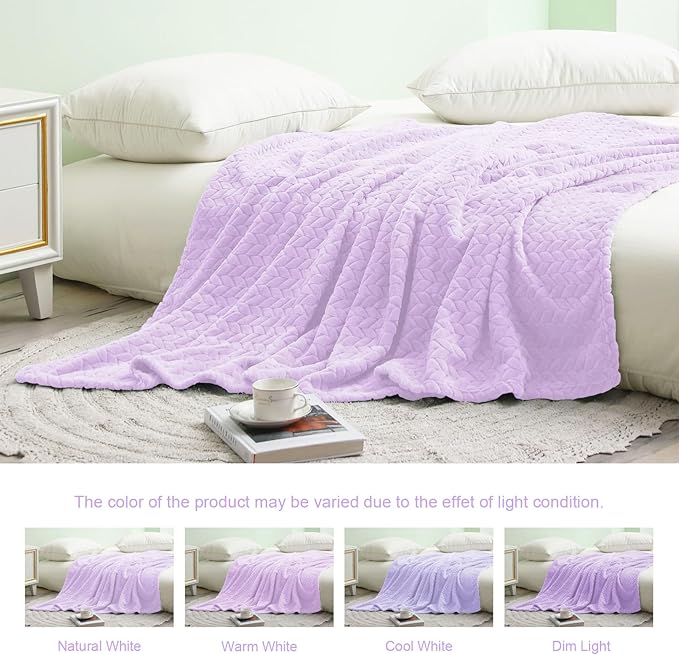 Exclusivo Mezcla Fleece Queen Size Blanket for Bed, 90x90 Inches Soft Cozy Jacquard Flannel Blankets, Lightweight Fuzzy Plush Warm for Winter, Lilac Purple
