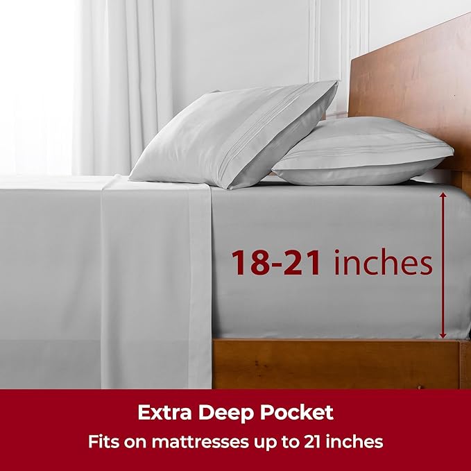 Mellanni Extra Deep Split King Sheets - 5 PC Iconic Collection Bedding - Hotel Luxury, Ultra Soft, Cooling Bed Sheets - Wrinkle, Fade, Stain Resistant (Split King, Light Gray)