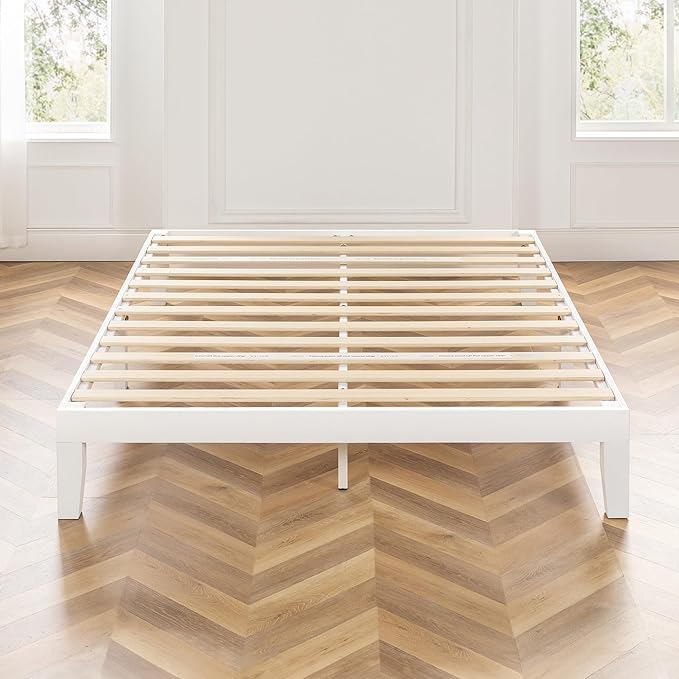 Mellow Naturalista Classic 12 Inch Solid Wood Platform Bed with Wooden Slats, Queen, White