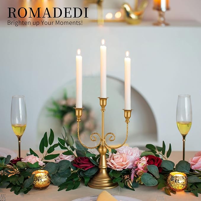 Romadedi Candelabra Gold Candle Holders - 3 Arm 11.8" Wedding Candlestick Holder for Theme Party Table Centerpiece Decor Dining Room Birthday Holiday Christmas, Set of 6
