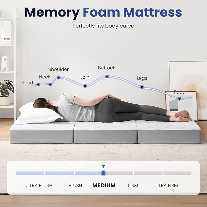 Foldable Mattress Single 6 inch -Portable White Memory Foam Folding Matress with Washable Cover for Camping Travel Guest Room Home Use-Non-Slip&Easy Storage