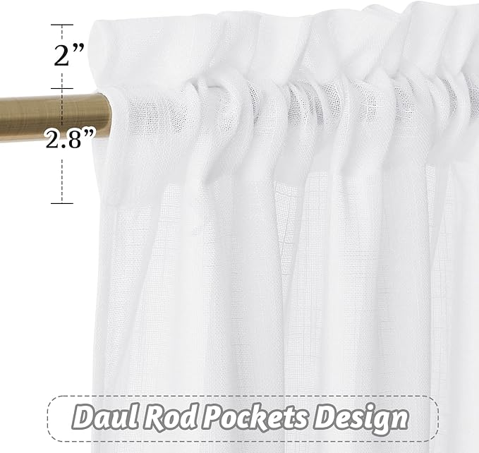 RYB HOME Semi Sheer Curtains 102 inches Long, White Light Filtering Half Privacy Window Curtains & Drapes for Bedroom Living Room, White, W 52 x L 102 inches, 2 Panels Set