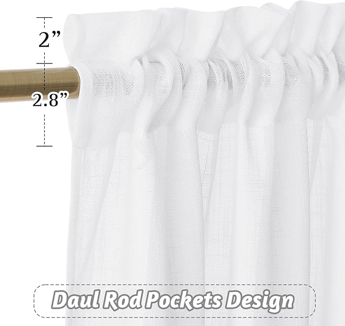 RYB HOME White Linen Curtains for Living Room Bathroom Kitchen, Rod Pocket Semi Translucent Breathable Home Decor Short Small Window Drapes, W 34 x L 45 inches, White, 2 Panels