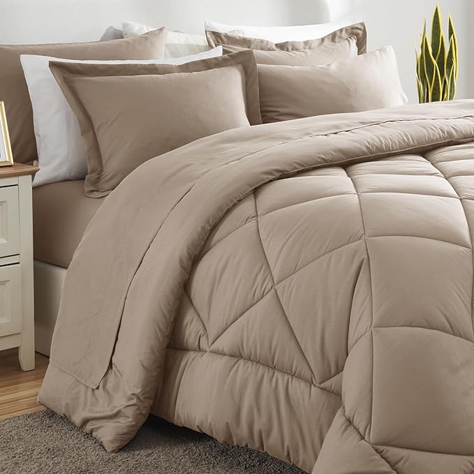 CozyLux Queen Comforter Set Khaki - Bed in a Bag Queen Size 7 Pieces, Luxury Soft Bed Set for All Seasons, Bedding Set with Down Alternative Comforter, Sheets, Pillowcases & Shams