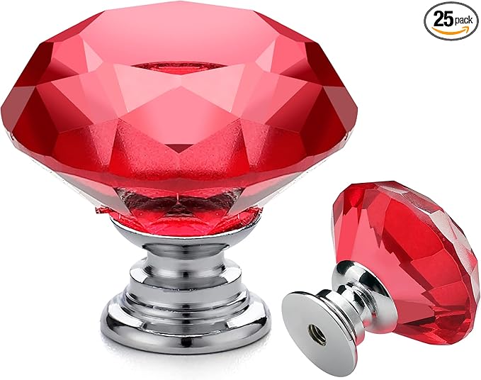 Ravinte 25 Pack Red Crystal Knobs for Dresser Drawers - 30 mm Glass Cabinet Diamond Shaped Knobs with Silver Base