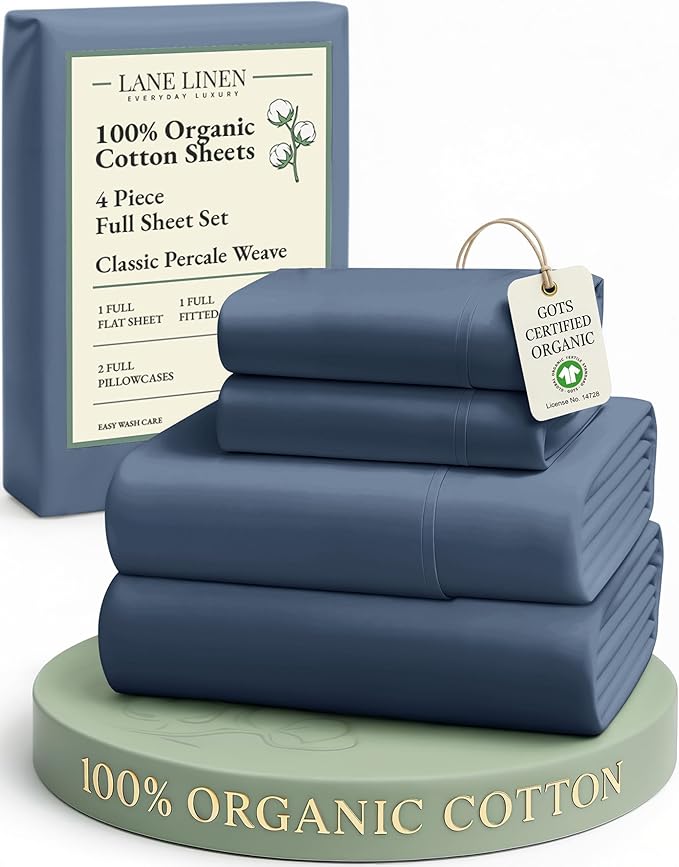 LANE LINEN Eco Friendly 100% Organic Cotton Fully Elasticized Full Sheet Set, Low Pilling Fade Resistant Machine Washable Naturally Cooling Full Bed Sheets, Soft & Comfy Cotton Bedding - Estate Blue