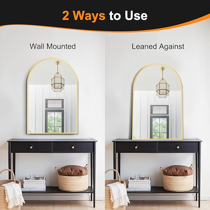 Delma Arched Bathroom Mirror, 24"x36" Wall Mounted Vanity Mirror for Bedroom, Living Room and Entryway, Gold