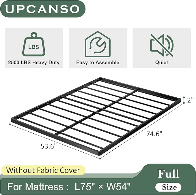 Full Size Box Spring Bed Base 2 Inch, Low Profile Metal Boxspring Full Size Bunkie Board 2 Inch, 3000 Lbs Max Weight Capacity Mattress Foundation, Noise-Free, Easy Assembly