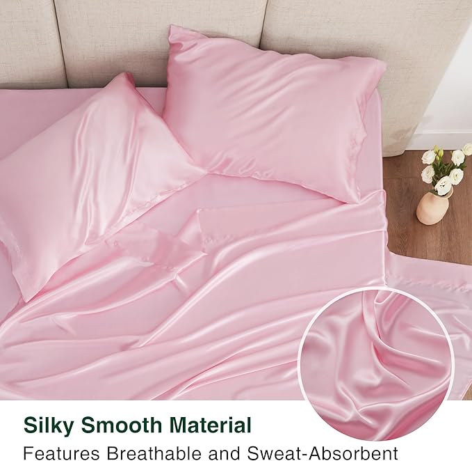 Love's cabin Full Size Satin Sheet Sets - 4 Piece Pink Silky Sheet Set Full with Deep Pocket, Luxury Silk Feel Bed Sheets Full Bedding Set (1 Flat Sheet,1 Fitted Sheet,2 Pillow Cases)