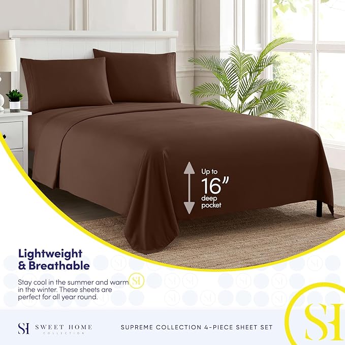 Twin XL Sheets - Breathable Luxury Sheets with Full Elastic & Secure Corner Straps Built In - 1800 Supreme Collection Extra Soft Deep Pocket Bedding Set, Sheet Set, Twin XL, Brown