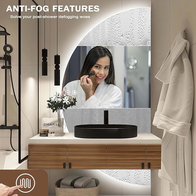 Half Moon Mirrors for Wall, 48"×24" LED Bathroom Mirrors with Lights-Touch Switch Backlit Bathroom Mirror-3 Colors-Dimmable Brightness,Anti-Fog, Memory, ETL Certified