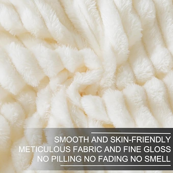Richave Cuddly Blanket,Premium Lightweight Anti-Static Fluffy Fleece Travel Throw, Blanket with Striped Pattern, 50x60 Inches, Cream